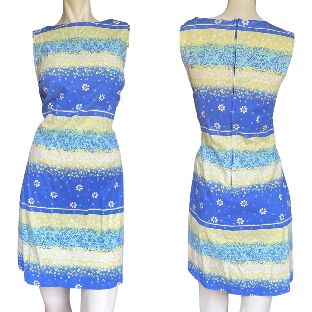Vintage 90's Green and Blue Floral Print Striped High Neck Modest Dress Size 11